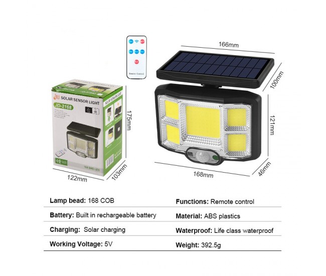 Lampa solara cu senzor de miscare si telecomanda, 168 Led COB, rezistenta la apa