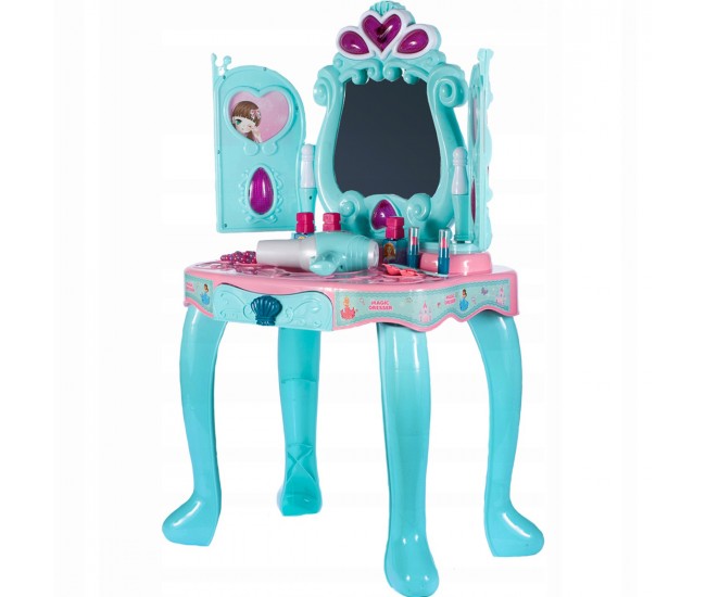 Set salon de frumusete cu oglinda care se deschide si uscator de par de jucarie functional, 14 accesorii - 3310