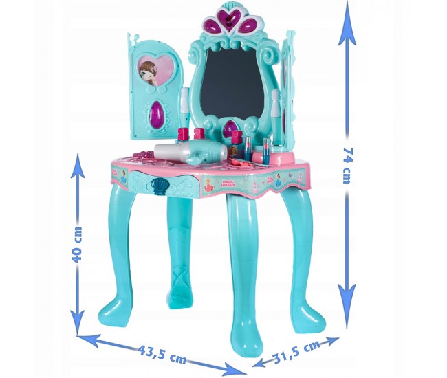 Set salon de frumusete cu oglinda care se deschide si uscator de par de jucarie functional, 14 accesorii - 3310