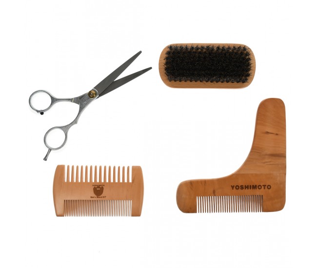 Set profesional ingrijire barba si mustata YOSHIMOTO Nature Power, cu perie, foarfeca, pieptan - ST054