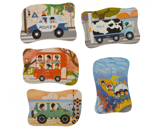 Set puzzle de jucarie, 5 vehicule, din carton - 3315115B