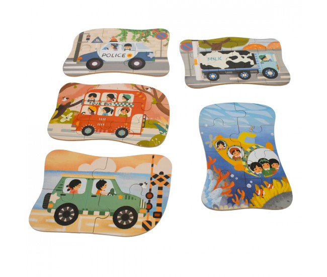 Set puzzle de jucarie, 5 vehicule, din carton - 3315115B