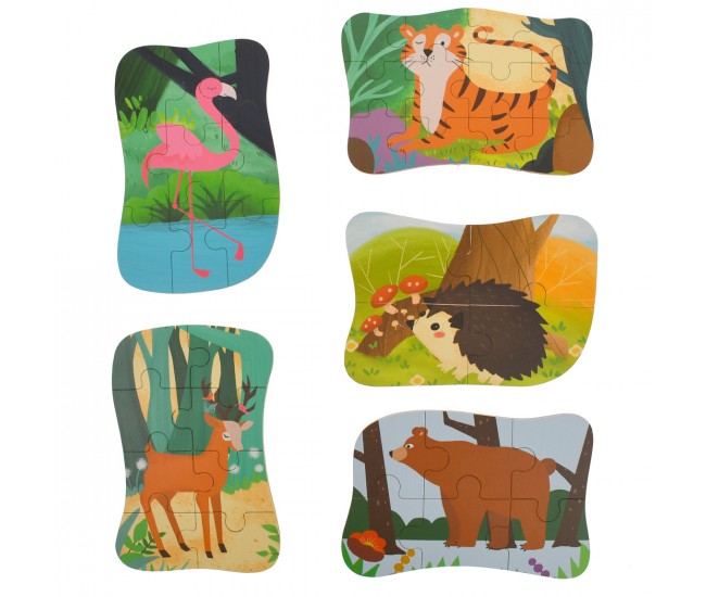 Set puzzle de jucarie, 5 animale salbatice, din carton - 3315115F