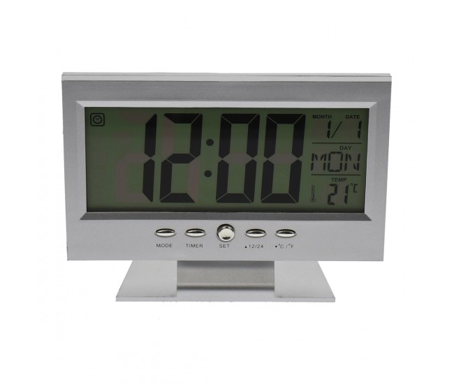 Ceas de birou LED argintiu cu afisare zi, luna , saptamana, temperatura - DS8082AG