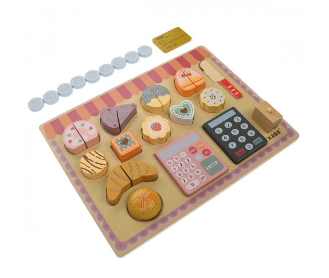 Tablita din lemn, cu figurine tip produse de patiserie, calculator, monede - 3315070