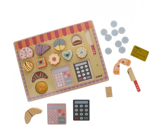 Tablita din lemn, cu figurine tip produse de patiserie, calculator, monede - 3315070