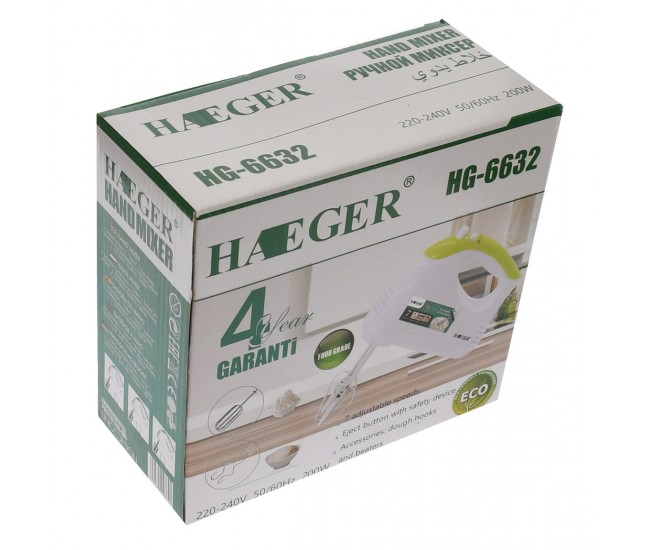 Mixer de mana Haeger 200W, 7 viteze, Accesorii: 2 spirale, 2 teluri - HG6632 Mixer de mana Haeger 200W, 7 viteze, Accesorii: 2 spirale, 2 teluri - HG6632