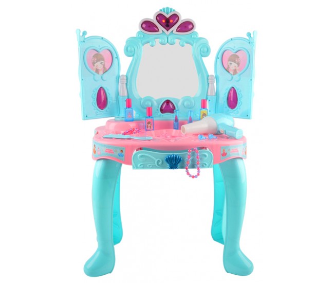 Set salon de frumusete cu oglinda care se deschide si uscator de par de jucarie functional, 14 accesorii - 3310