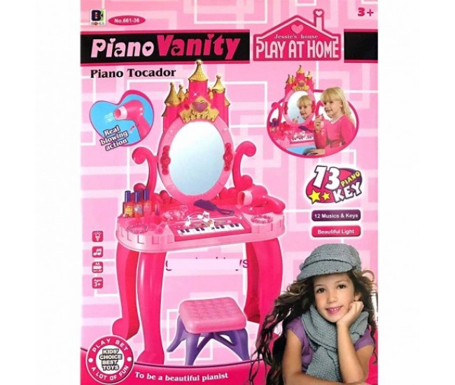 Masa de infrumusetare cu scaunel si pian (12 melodii) oglinda, feon si accesorii - Super jucarie pentru fetite! Masa de infrumusetare cu scaunel si pian (12 melodii) oglinda, feon si accesorii - Super jucarie pentru fetite!