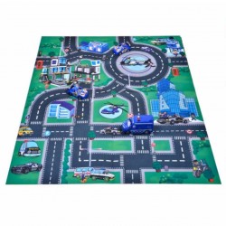 Covor de jucarie pentru copii, traseu cu 4 masini de politie si elicopter, 80x70 cm - 019A2B