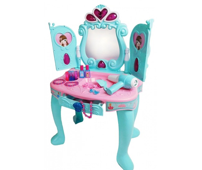 Set salon de frumusete cu oglinda care se deschide si uscator de par de jucarie functional, 14 accesorii - 3310