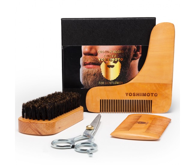 Set profesional ingrijire barba si mustata YOSHIMOTO Nature Power, cu perie, foarfeca, pieptan - ST054