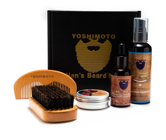 Set barber YOSHIMOTO Fearless, ingrijire barba si mustata, perie, ulei, pieptan, balsam, sampon - ST059