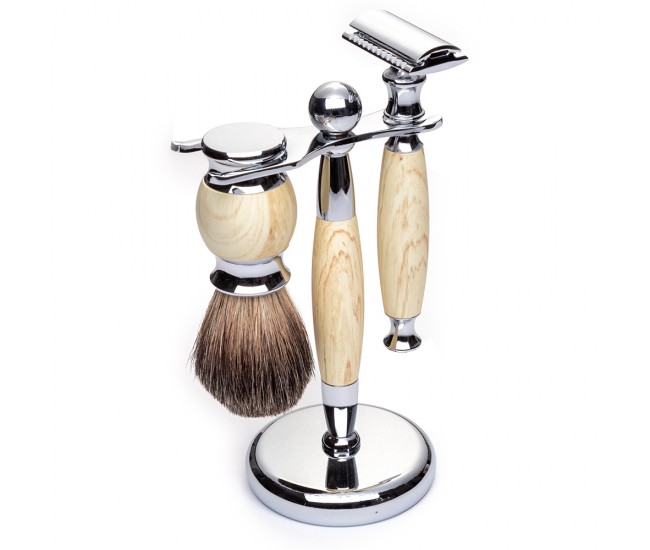 Set barber YOSHIMOTO A Gentleman's Tale cu aparat de ras clasic, stand si pamatuf, galben - ST037