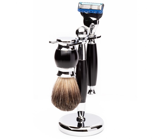 Set barber YOSHIMOTO Royal Black Modern, cu aparat de ras clasic, stand si pamatuf, negru - ST041