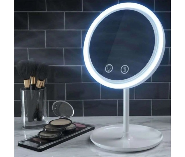 Oglinda rotunda machiaj cu iluminare LED si ventilator, touchscreen, baterie reincarbila, efect lupa, alb