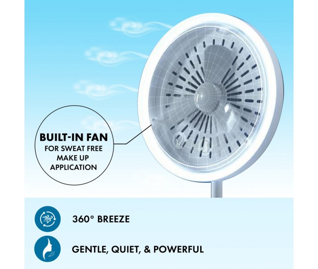 Oglinda rotunda machiaj cu iluminare LED si ventilator, touchscreen, baterie reincarbila, efect lupa, alb