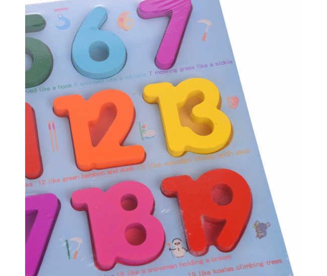 Puzzle de jucarie, potrivire dimensiuni si numere, din lemn, albastru