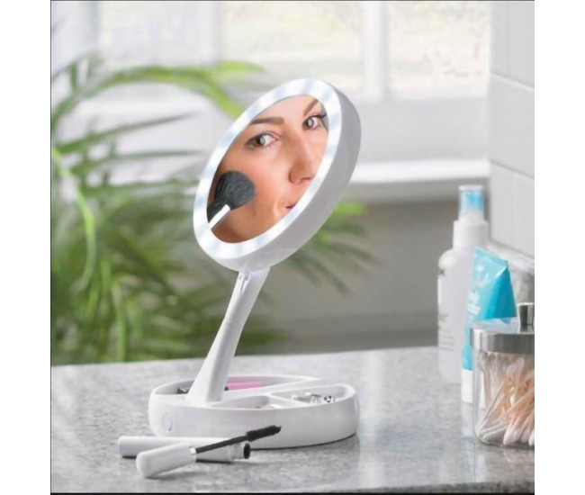 Oglinda rotunda machiaj cu iluminare LED, pliabila, 25 cm, efect de lupa, alb - JG988
