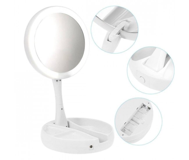 Oglinda rotunda machiaj cu iluminare LED, pliabila, 25 cm, efect de lupa, alb - JG988