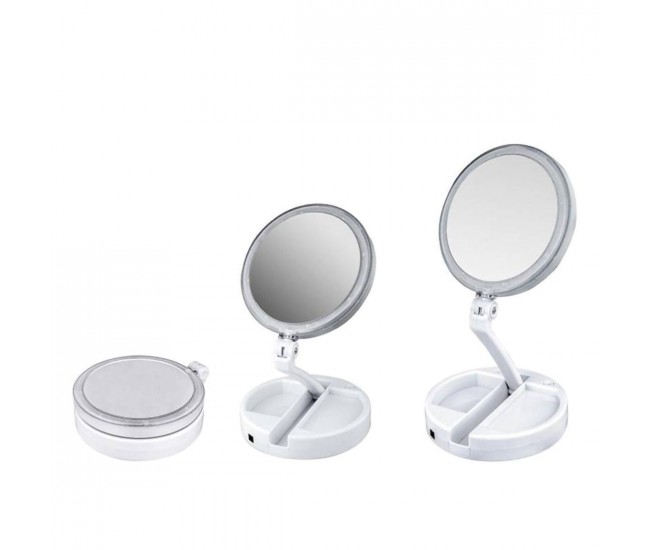 Oglinda rotunda machiaj cu iluminare LED, pliabila, 25 cm, efect de lupa, alb - JG988