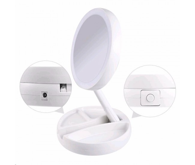 Oglinda rotunda machiaj cu iluminare LED, pliabila, 25 cm, efect de lupa, alb - JG988