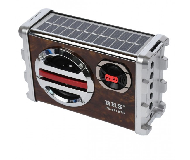 Radio MP3 portabil cu Bluetooth, panou solar si baterie reincarcabila, 16x12x7 cm, USB, TF, AUX, maro - RS671BTS