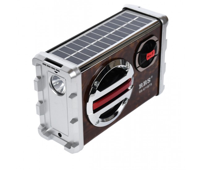 Radio MP3 portabil cu Bluetooth, panou solar si baterie reincarcabila, 16x12x7 cm, USB, TF, AUX, maro - RS671BTS