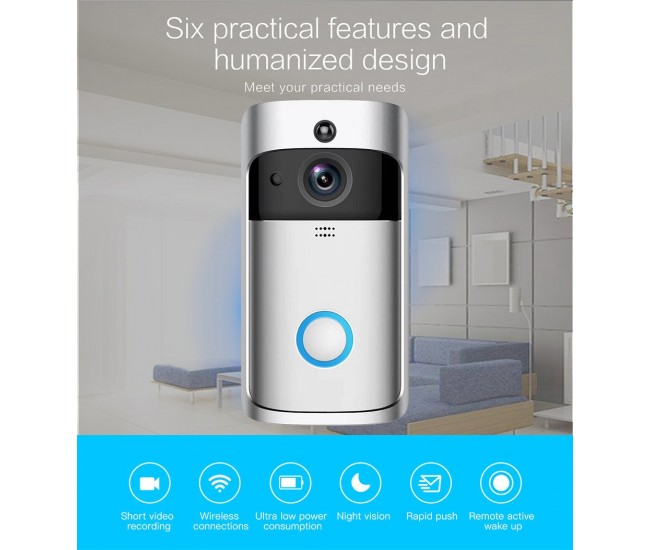 Videointerfon Smart V5, WiFi, Argintiu, cu Sonerie inteligenta WiFi, Camerga video HD, Convorbire bidirectionala, senzor miscare, detector audio, iOS si Android, camera supraveghere