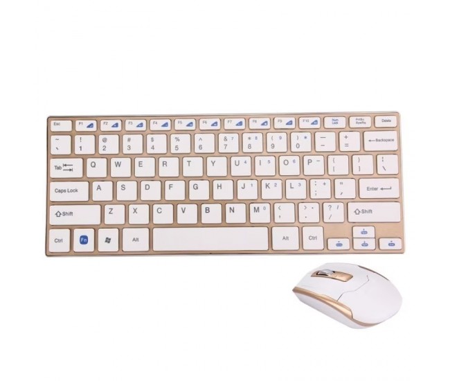 Kit Tastatura si Mouse wireless, placa aurie din metal, butoane albe - HK3910