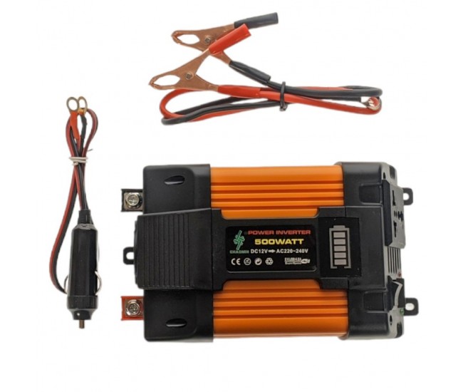 Invertor Auto 500W Chaomin, de la 12V la AC 220-240V, Conectare la Bricheta si la Bateria Masinii, cu 2 Iesiri USB - INV500WP