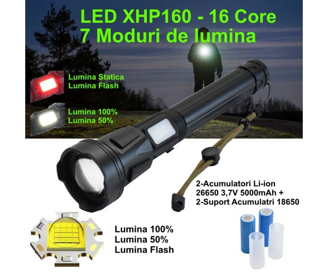 Lanterna de vanatoare, structura metalica si Led P160 - 16Core, lumin de lucru sau de urgenta si functie Power Bank, 10000 mAh, ALX-19A069