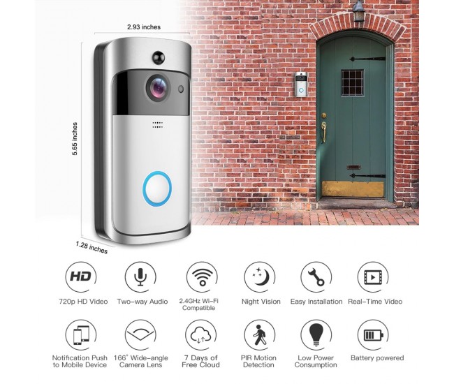 Videointerfon Smart V5, WiFi, Argintiu, cu Sonerie inteligenta WiFi, Camerga video HD, Convorbire bidirectionala, senzor miscare, detector audio, iOS si Android, camera supraveghere