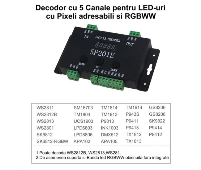 CONTROLER DMX512 ADRESABIL PIXEL LED SP201E