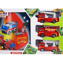 Covor de jucarie pentru copii, traseu pompieri cu 3 masini si semne de circulatie, 80x70 cm - 019A3B