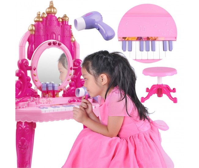 Masa de infrumusetare cu scaunel si pian (12 melodii) oglinda, feon si accesorii - Super jucarie pentru fetite! Masa de infrumusetare cu scaunel si pian (12 melodii) oglinda, feon si accesorii - Super jucarie pentru fetite!