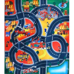 Covor de jucarie pentru copii, traseu pompieri cu 3 masini si semne de circulatie, 80x70 cm - 019A3B