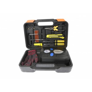  Set compresor auto cu manometru mecanic si lanterna, 12V (bricheta), 100 PSI, cu unelte,  ZEBRA - 68198
