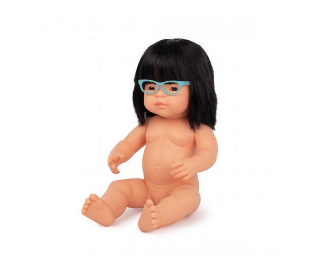 Papusa educationala 38 cm fetita asiatica purtatoare de ochelari