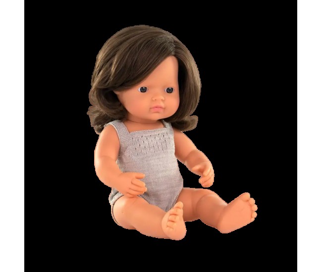 Papusa 38 cm, fetita europeana, imbracata in salopeta tricotata