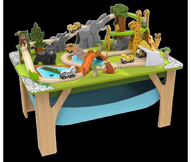 Circuit din lemn cu masinute si masa de joaca incluse aventura safari