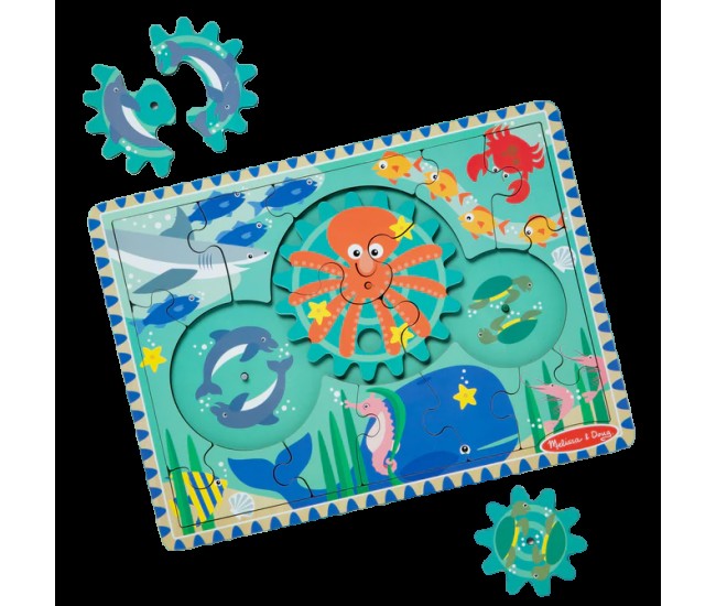 Puzzle educativ din lemn, cu rotite dintate, oceanul, 8 piese, pentru copii 3 ani+, melissa&doug 31003