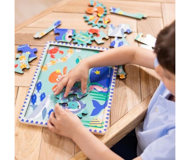 Puzzle educativ din lemn, cu rotite dintate, oceanul, 8 piese, pentru copii 3 ani+, melissa&doug 31003