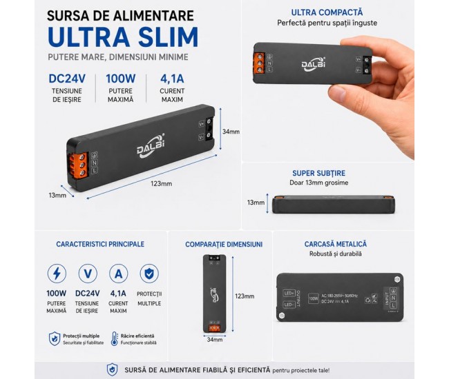 Sursa Alimentare LED 24V 100W 4,1A Ultra Slim 13mm DALBI