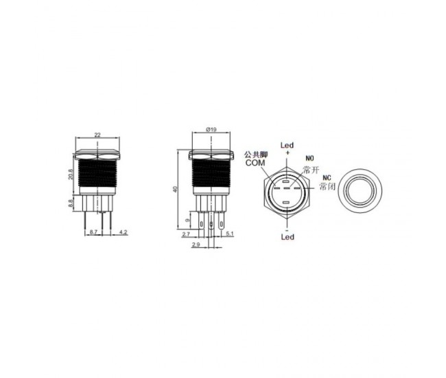 Push Buton Negru 19mm/Retinere cu Led Albastru