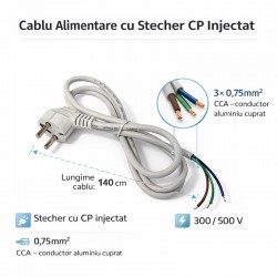 Cablu Alimentare cu Stecher Schuko 3x0.75mm² 300/500V Lungime 1.4m Alb