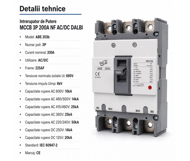 Intrerupator de Putere MCCB 3P 200A NF AC/DC DALBI