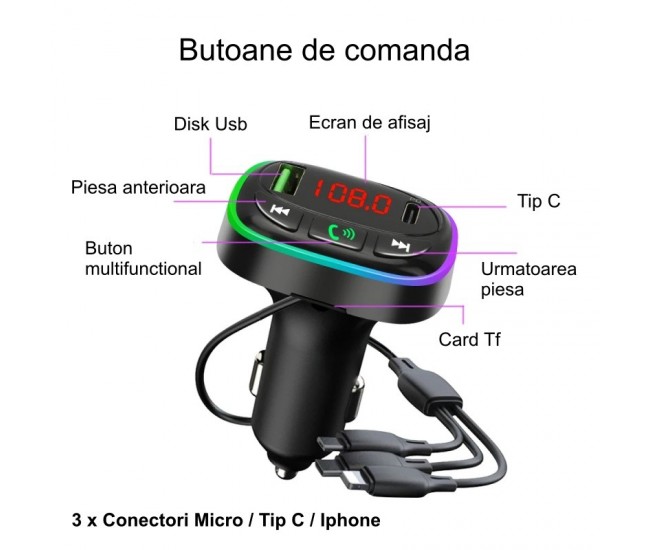 Modulator FM Auto cu Bluetooth 5.0 / MP3 Player Multifunctional HM15