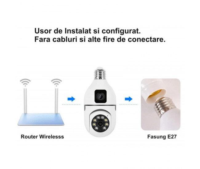 Camera de Supraveghere cu IP, Dual View PTZ 360˚ si Fixa - E27 / V380 Pro