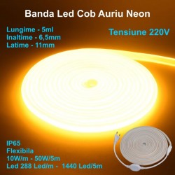 Banda Led Cob Galben Auriu Neon Flex - 288led/m - IP65 / 220V - 10W/ml / Rola 5ml